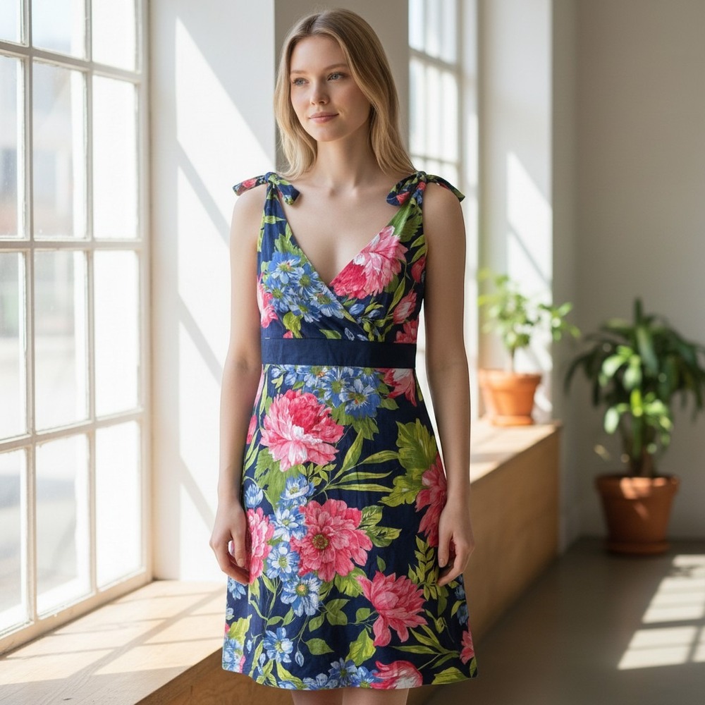 Caribbean Joe Floral Dress PM Military Blue NEW Petite Sleeveless Empire Waist